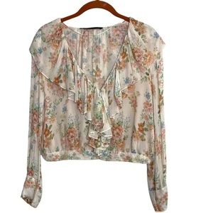 Zara Cream & Pink Floral Cropped Long Sleeve Ruffled Top